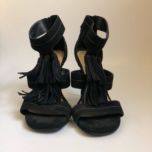 Open toe, black suede, high heel sandals